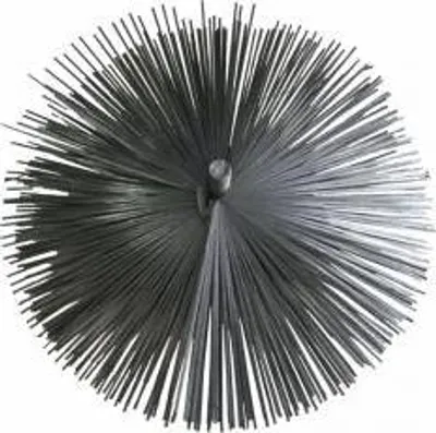 A close-up, top-down view of a chimney brush with metal bristles.