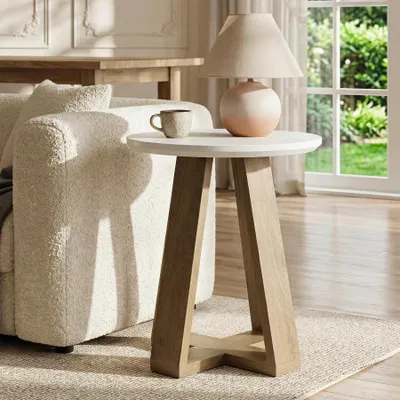 Image de Table d'appoint ronde - Petite table basse - Bois, style cottage, aspect vieilli, montage facile, Ø 50 x 60 cm - Blanc et marron