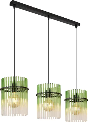 Produktbild von Globo Lighting Hängeleuchte Metall schwarz matt, Glasstäbe grün, klar verlaufend, Kabel PVC schwarz, Höhe kürzbar, LxBxH: 800x200x1400mm, exkl. 3x E27 60W 230V