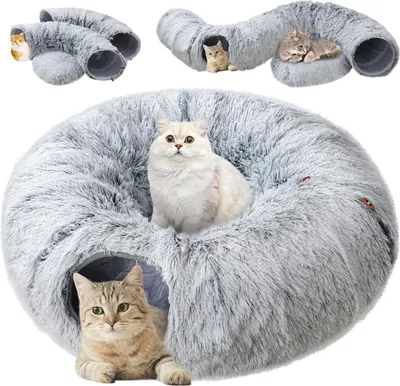 Produktbild von Plüsch Katzentunnel,Katzentunnelbett,Ø 84cm Plüsch Katzentunnel,Multifunktionales Katzenspielzeug Grau