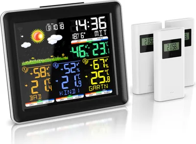 A digital weather station with multiple sensors displayed on a white background.