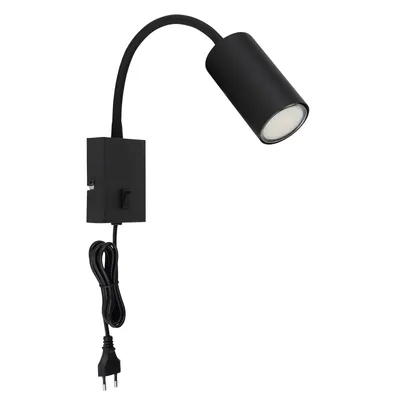 A black wall lamp with a flexible neck and a cylindrical light head.
