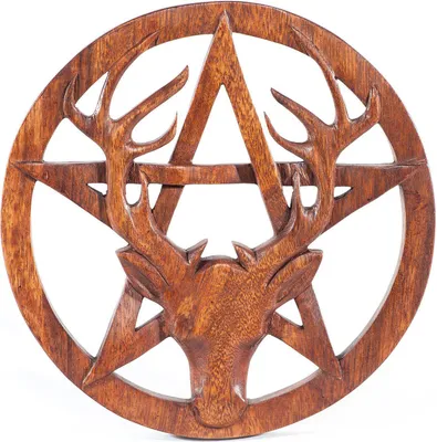 Produktbild von Wandschmuck Hirsch Kopf und Pentagramm Holz geschnitztes Ornament Holz