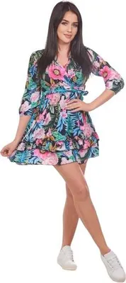 Produktbild von Blumenkleid zum Binden in der Taille, schwarz