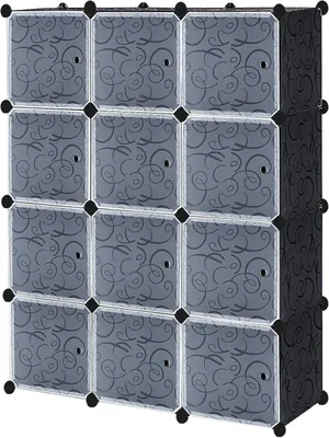 Zdjęcie produktu dla TWOLIIN System regałów DIY Szafa wykonana z tworzywa sztucznego Półka wtykowa Szafa Wieszak na ubrania Wieszak na buty Plastikowe pudełka, 12 pudełek z drzwiczkami, czarne z wzorem