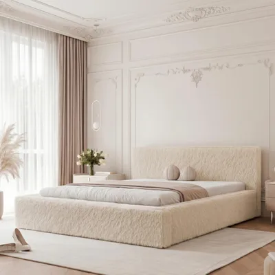 Obrázek produktu pro Čalouněná postel SIERO 180x200, krémová, Umělá kožešina v medvídkovém vzhledu, s úložným prostorem a roštem