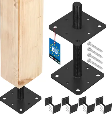 A wooden post is shown attached to a black adjustable post base, with additional post bases and screws displayed separately.