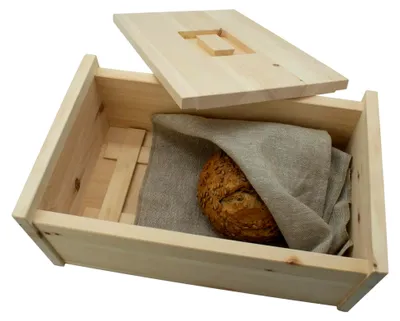 Produktbild von Brotbox aus massivem Zirbenholz - 35x25x16 cm - mit abnehmbarem Deckel, Gitter und Bäckerleinen - aus Österreich