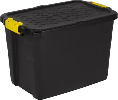 A black storage bin with yellow latches is shown against a white background.