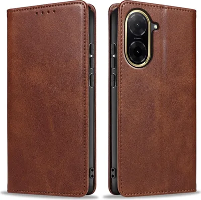 A brown leather flip phone case for a Xiaomi Redmi A5 is shown from two angles.