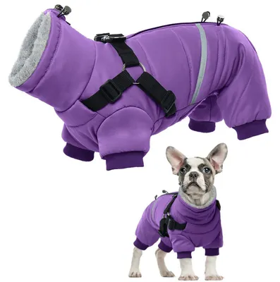 Immagine prodotto di Cappotto per cani con pettorina, colore viola, taglia S, caldo, impermeabile, in pile