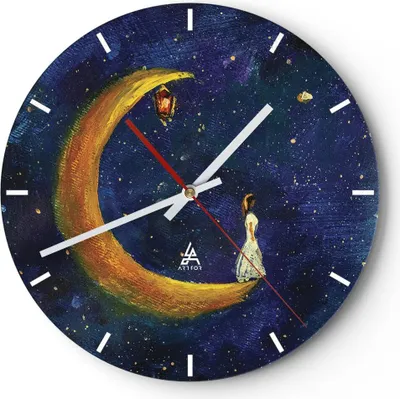 Produktbild von Wanduhr - Rund - Glasuhr - Mädchen auf der Mond - 30x30cm - Schleichendes Uhrwerk - Lautlos - zum Aufhängen bereit - Dekoration Modern - Wanddekoration aus Glas - C3AR30x30-4575