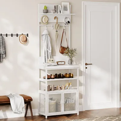 Produktbild von Garderobe mit Schuhregal, 7 Haken und 5 Ablagen, Wei?