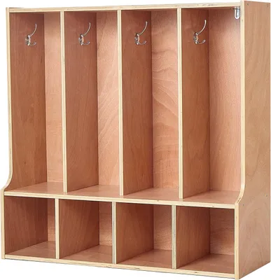 Produktbild von SucceBuy Offener Kinderkleiderschrank aus Sperrholz, Kindergarderobe mit 8 Haken und 8 Fächern (4 große und 4 kleine), Garderoben- und Aufbewahrungsregal für Kinderzimmer, Zuhause, Kindergarten oder Kita