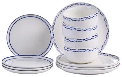 Zdjęcie produktu dla BELIANI Zestaw zastawy stołowej biały z niebieskim porcelana 12 elementów glazura dekoracyjna obwódka dla 4 osób ręcznie wykonany jadalnia kuchnia