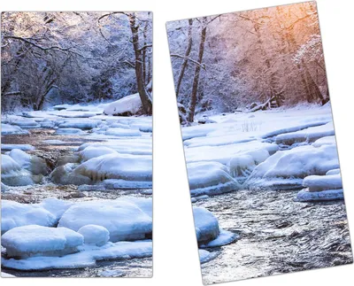 Produktbild von Spritzschutz Herdabdeckplatte Schneidebrett aus Glas Winterlandschaft am Fluss 2-Teilig (60x52cm)