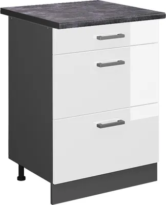 Zdjęcie produktu dla Szafka dolna do kuchni Vicco R-Line Biały wysoki połysk 60 cm z szufladami, BP Antracyt, Model 46116