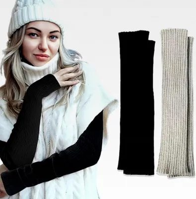 Produktbild von 2 Paar Armstulpen für Damen, gestrickte halb fingerlose Handschuhe, Armwärmer, Handstulpen, Pulswärmer (Schwarz & Hellgrau)