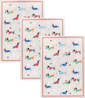 Produktbild von Kracht 3er Pack Halbleinen Geschirrtücher Weihnachtsdackel 50x70 cm