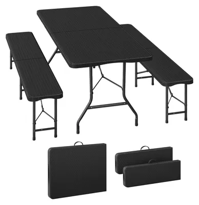 Produktbild von 3-teiliges Gartenmöbel-Set - Biertisch mit 2 Klappbänken - Metall - Für 6+ Personen - Tisch 180 x 74 x 70 cm - Bänke 183 x 43 x 27,5 cm - Schwarz
