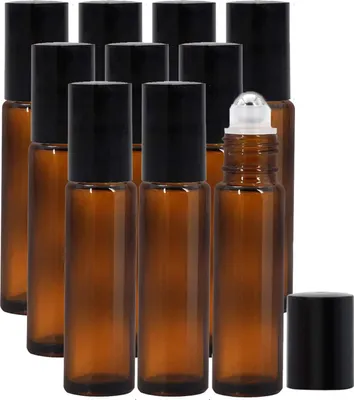 Produktbild von Roll-on-Flaschen für ätherische Öle, nachfüllbar, bernsteinfarbene Glas-Roll-on-Flaschen mit Edelstahlkugeln