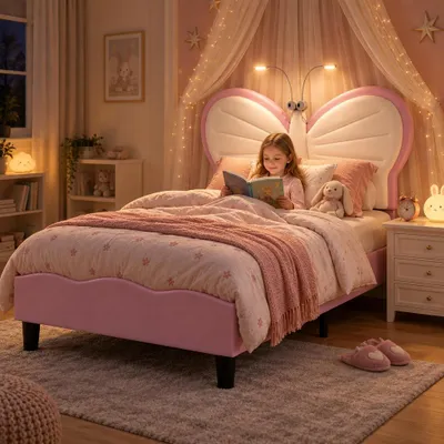 Produktbild von INONEFT Polsterbett Kinderbett 90x190 cm, LED Einzelbett Gepolstertes Bett mit lattenrost für Mädchen, Jugendbett mit Verstellbares Kopfteil, Rosa