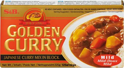 A box of S&B Golden Curry Japanese Curry Mix in Block, with a serving suggestion image of the curry.