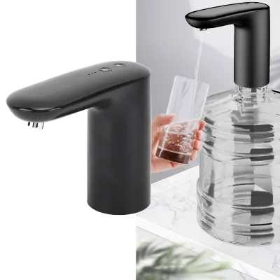 A split image showing a black electric water dispenser on the left and the same dispenser in use on the right, filling a glass from a large water bottle.