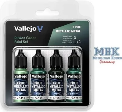 Imagen del producto de Set de pinturas acrílicas metálicas Vallejo True Metallic, color Verde Oscuro, 4 x 18 ml, con dosificador para aerógrafo y pincel. Ideal para modelismo y figuras