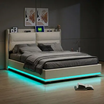 Image de Lit rembourré ProximaX en velours 160 x 200 cm, beige, avec espace de rangement – Sommier hydraulique avec éclairage LED, recharge sans fil et ports USB/Type-C, lit double moderne