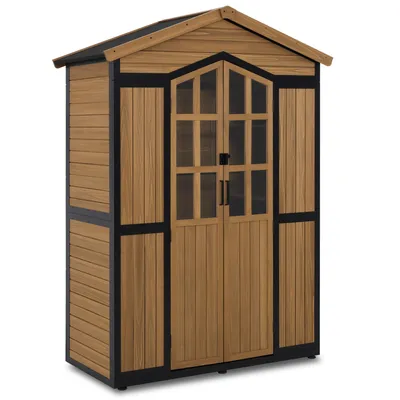 Produktbild von M MCombo Gartenschrank Holz Metgallgestell mit 6 Ablagen, Geräteschuppen Wetterfest, Gartenhaus Outdoor Wasserdicht, Außenbereich 2749 (Natur)