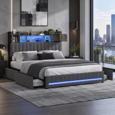 Obrázek produktu pro Postel INONEFT, 140x200 cm, čalouněná, s LED osvětlením a USB porty, 4 zásuvky, postel pro mládež s uzavřenou úložnou zásuvkou v čele, rám postele s lamelovým roštem, barva: lněná šedá, Obrázek vytvořený pomocí AI