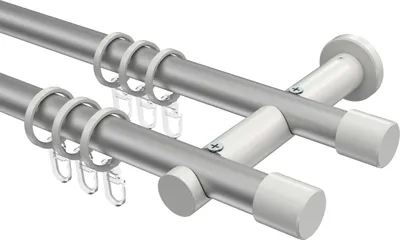 Produktbild von Interdeco Gardinenstange / Vorhangstange Silbergrau / Weiß, Typ Platon Santo (Kappe), 20 mm Ø 2-läufig, 240 cm