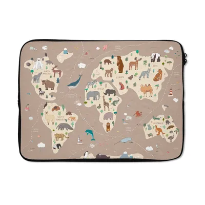 Produktbild von MuchoWow® Laptop Hülle 13 Zoll Weltkarte Kinder - Tiere - Braun - Jungen - Mädchen Laptoptasche - Laptophülle - Sleeve - Rundumschutz