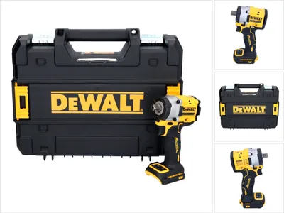 A collage of images showing a DeWALT cordless impact wrench and its case.