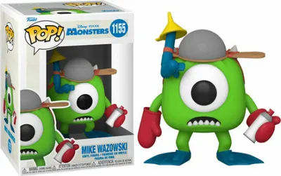 A Funko Pop! vinyl figure of Mike Wazowski from Disney Pixar's Monsters, Inc. is shown in its packaging and outside of it.