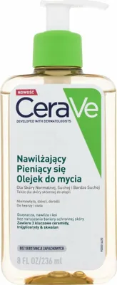 A bottle of CeraVe Hydrating Foaming Oil Cleanser with a pump dispenser.
