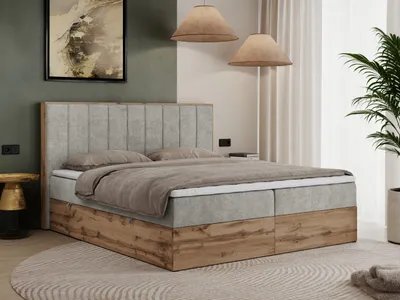 Produktbild von MKS MEBLE Boxspringbett 160x200 mit Bettkasten Eiche, Polsterbett 160x200 mit Matratze H3, Bett 160x200 mit Kopfteil, Bett mit Holzrahmen in Wotan Eiche - Hellgrau Struktur - Bellissimo