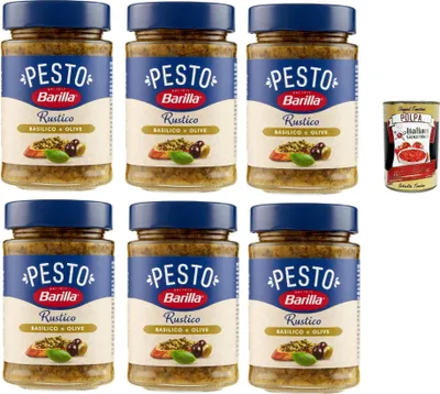 Produktbild von Barilla Pesto Rustico Basilico E Olive, Pesto pasta sauce mit Basilikum und Oliven, Mit Olivenstücken. 6x 200g + Italian Gourmet polpa 400g