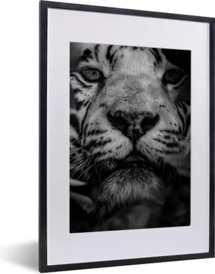 Produktbild von MuchoWow® Gerahmtes Poster Nahaufnahme von Blättern und einem weißen Tiger im Dschungel - schwarz und weiß 30x40 cm - Poster mit Schwarzem Bilderrahmen Wandposter Rahmen Foto Bilder - Wandposter Schlafzimmer