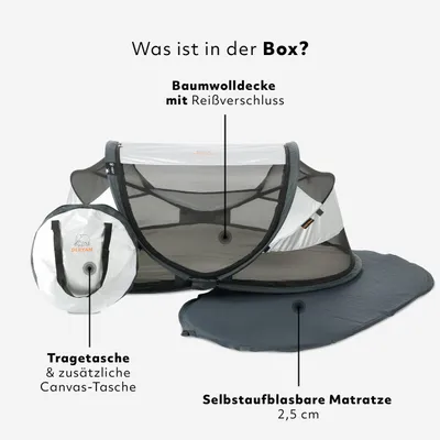 Produktbild von DERYAN Baby Luxus Reisebett – Inklusive selbst aufblasbarer Matratze - Silber