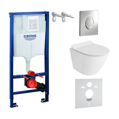 Produktbild von GROHE Vorwandelement Solido Start + Wand Hänge WC Sogo Slim Weiß Spülrandlos + WC-Sitz SoftClose | Verchromter Knopf | Komplettset | Unterputz Spülkasten | Toilette Komplett Sett