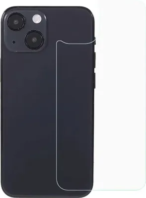 A dark-colored smartphone with a camera module is shown next to a transparent screen protector.