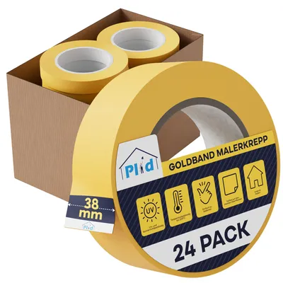 Produktbild von Plid Goldband Malerkrepp (38mm x 50m, 24 Rollen) - Malerklebeband Nassfest - Innen & Außen - Abklebeband Maler, verhindert Unterlaufen von Farben