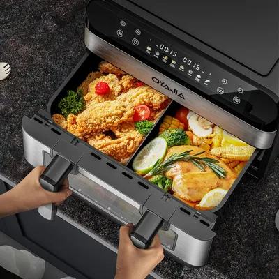 Produktbild von Heißluftfritteuse 2x5L, Airfryer Doppelkammer Einkammer Verstellbar, Air fryer XXL 2 Kammern mit Sichtfenster, 8 Programme Timer punktgenaues Garen