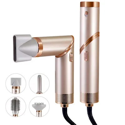 Produktbild von 5-in-1 Heißluftbürste & Haartrockner, Faltbarer Lockenstab,Glättbürste,Volumenaufsatz, 110.000 RPM, Ionentechnologie, schnelle Trocknung,Champagner