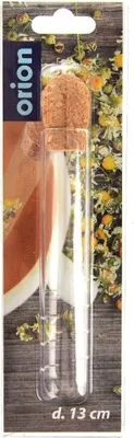 A product package for a glass tea strainer with a cork stopper, featuring floral imagery.