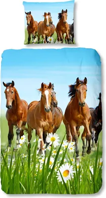 A duvet cover and pillowcase set featuring a herd of horses running through a field of daisies under a blue sky.