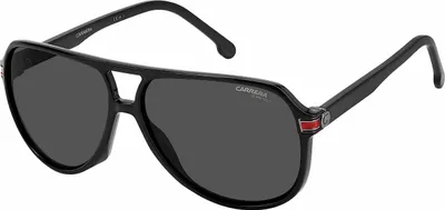 A pair of black Carrera sunglasses with dark gray lenses, shown from a front-diagonal angle against a white background.