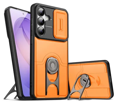 Image de Coque pour Samsung Galaxy S26 avec protection pour appareil photo et anneau-support, coque hybride antichoc, couleur orange